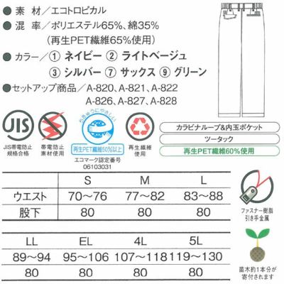 CO-COS コーコス 作業着 春夏作業服 ツータックスラックス A-823