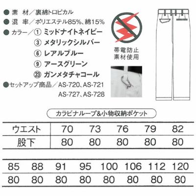 112～120cm CO-COS コーコス 作業着 春夏作業服 ワンタックスラックス AS-723