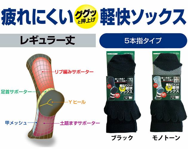 ユニワールド 靴下 土踏まずサポートソックス レギュラー丈 5本指 685