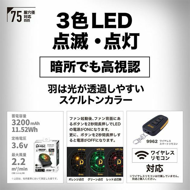 中国産業 作業着 空調作業服 LEDライトファンケーブルレスバッテリー一体型 9957
