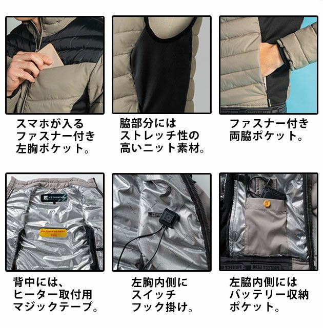 アイズフロンティア 作業着 秋冬作業服 保温アルミ・アルティメットヒート防寒ベスト・電熱パッド・バッテリーフルセット 9537・9537P・LX-PAT・LX-3350BA