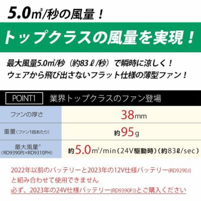 サンエス 空調作業服 作業着 空調風神服 24V仕様フラットファンセット 2023年モデル RD9320PH