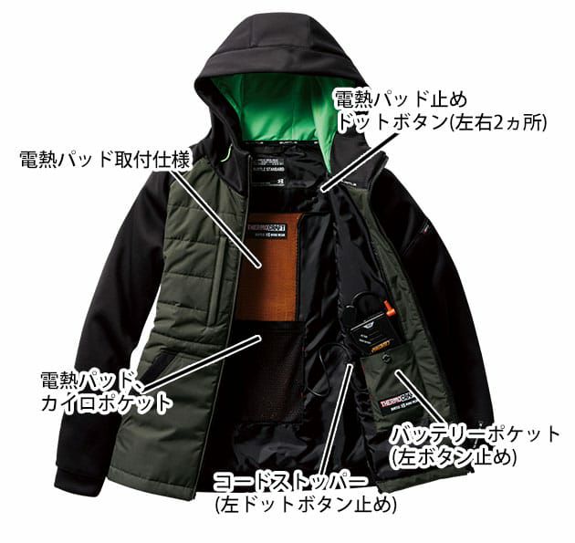 BURTLE バートル 電熱ウェア 作業着 サーモクラフト ヒーターフーディージャケット(ユニセックス) ウェア・電熱パッドセット 3220・TC500