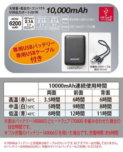 ATACK BASE アタックベース 電熱ウェア 作業着 ハイブリッドヒートベスト Wスイッチ バッテリーセット 70000