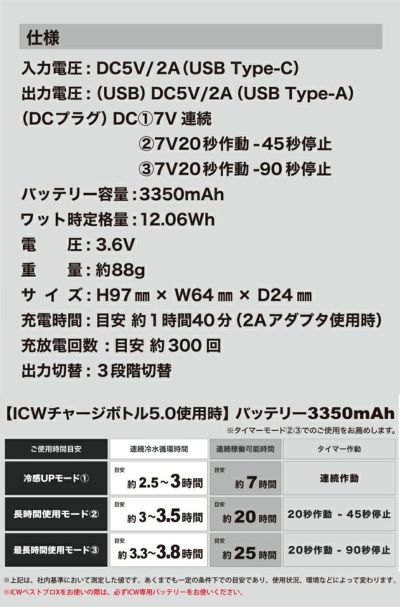 中国産業 水冷ベスト 作業着 タイマーバッテリー3350mAhタイプC 992004