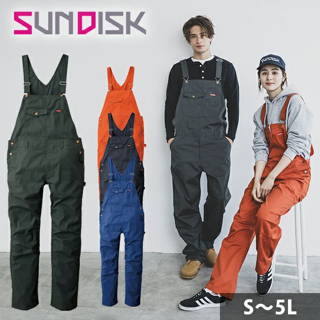 S～3L SUNDISC サンディスク 日の丸繊維 つなぎ服 作業着 ストレッチリップストップサロペット SD-8320