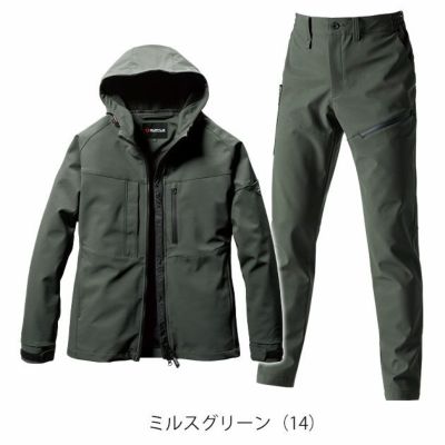 S～XXL BURTLE バートル 秋冬作業服 作業着 フーディージャケット・カーゴパンツ上下セット（ミルスグリーン） 821・822