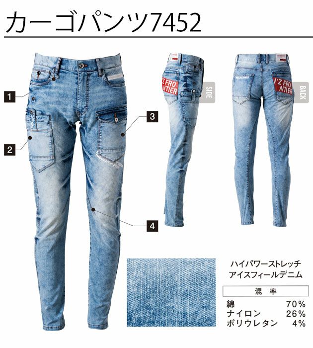 アイズフロンティア 春夏作業服 作業着 デニムワークジャケット・カーゴパンツ上下セット（ケミカルブルー） 7450・7452