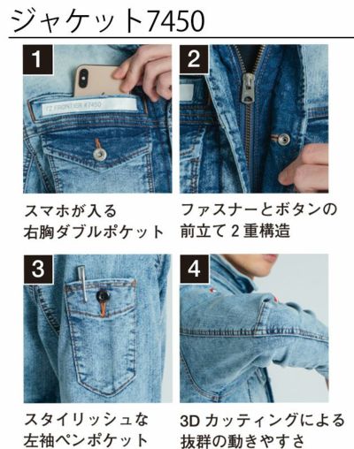 アイズフロンティア 春夏作業服 作業着 デニムワークジャケット・カーゴパンツ上下セット（インディゴブルー） 7450・7452