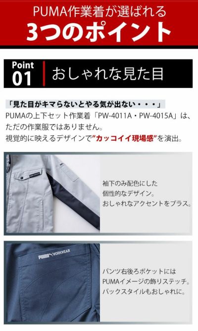 PUMA プーマ 通年作業服 作業着 作業ウェア ワークジャケット・カーゴパンツ上下セット（ネイビー） PW-4011A PW-4015A
