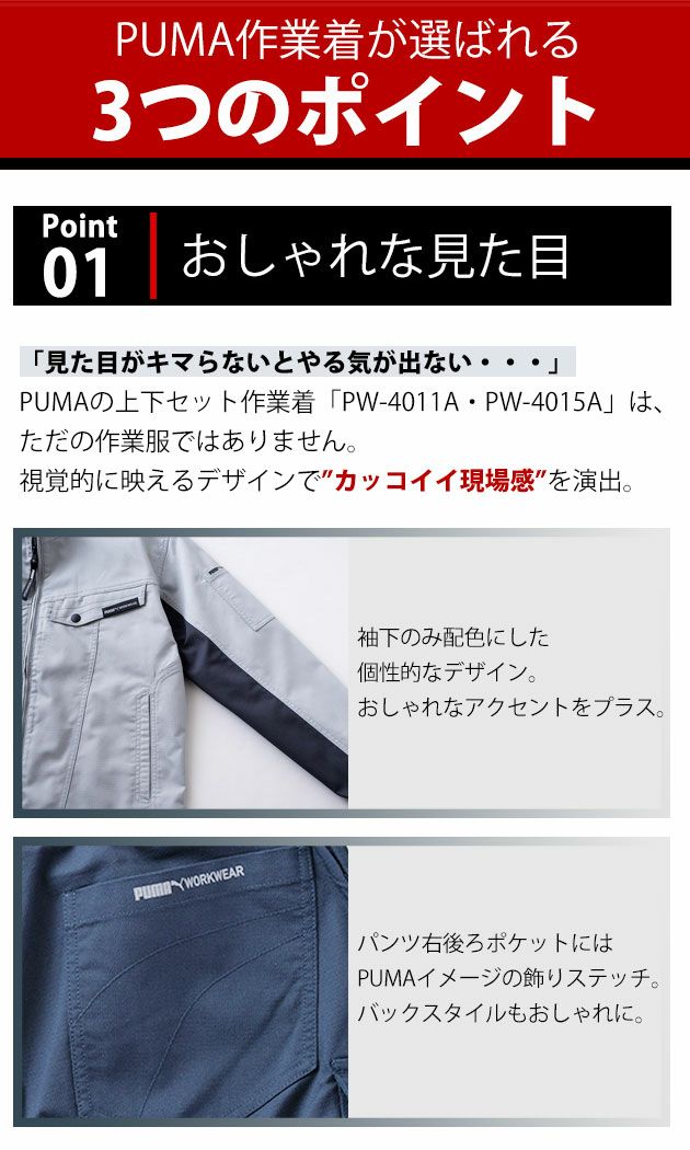 PUMA プーマ 通年作業服 作業着 作業ウェア ワークジャケット・カーゴパンツ上下セット（ネイビー） PW-4011A PW-4015A