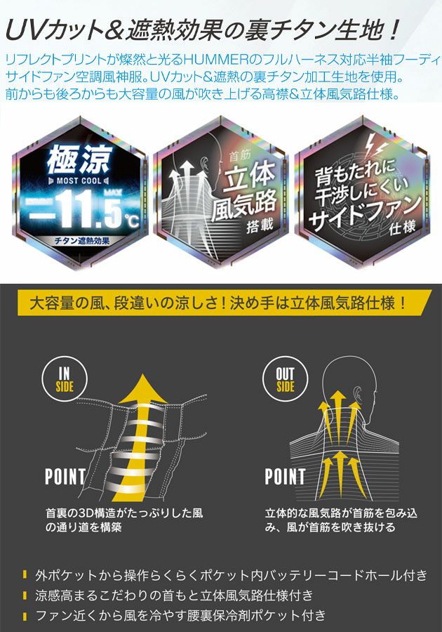HUMMER ハマー 空調作業服 作業着 空調風神服チタンフード半袖ブルゾン ファン・バッテリー3点セット 09905・RD9580G・RD9530H