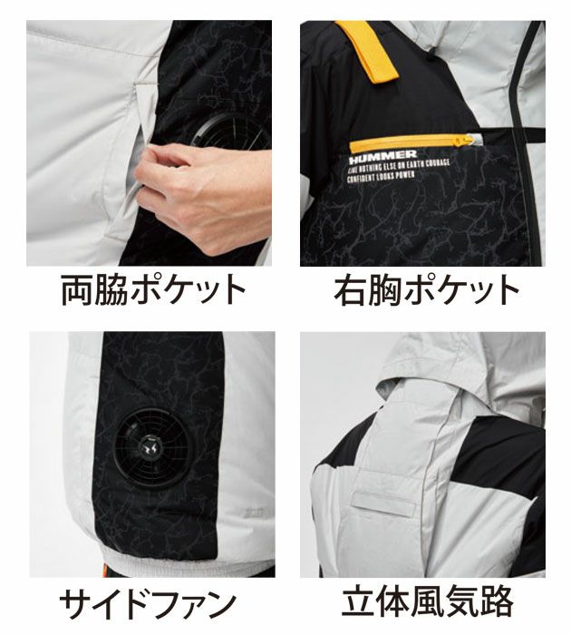 HUMMER ハマー 空調作業服 作業着 空調風神服チタンフード半袖ブルゾン ファン・バッテリー3点セット 09905・RD9580G・RD9530H