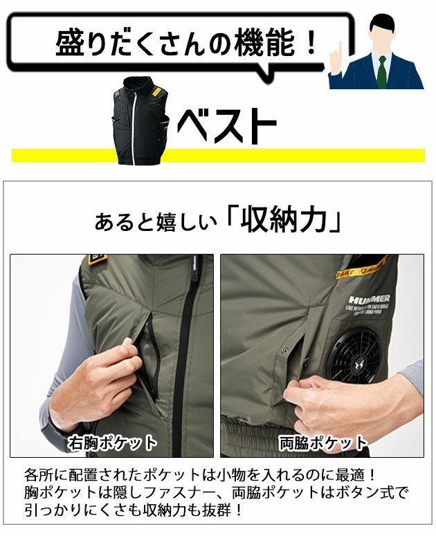 HUMMER ハマー 空調作業服 作業着 空調風神服チタンベスト ファン・バッテリー3点セット 09900・RD9580G・RD9530H