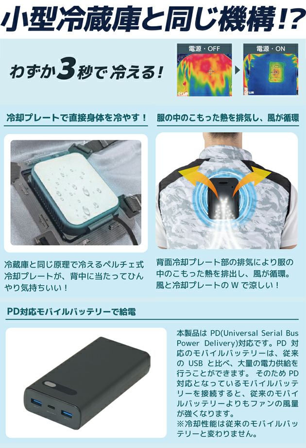 ビッグボーン 冷却ペルチェ 作業着 冷蔵服４高視認ベスト・モバイルバッテリーセット TH606SET