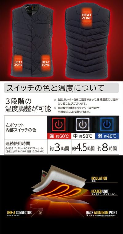 4L～5L CO-COS コーコス 作業着 電熱ベスト グラディエーター ボルトヒートベスト G-8089