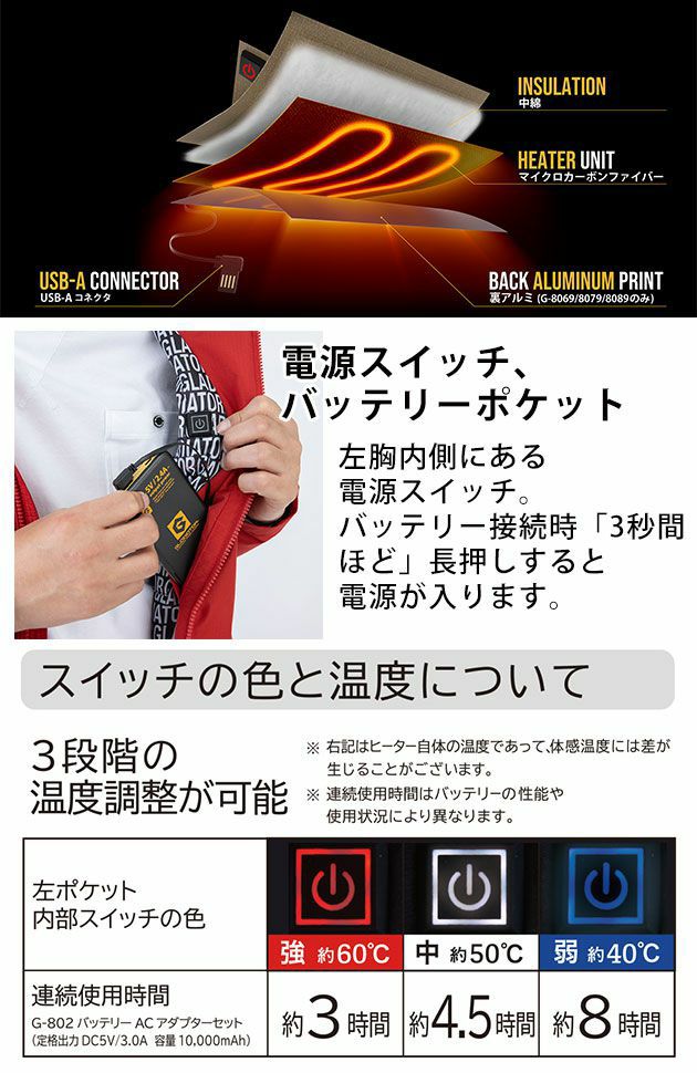 4L～5L CO-COS コーコス 作業着 電熱ウェア グラディエーター ボルトヒートジャケット G-8040