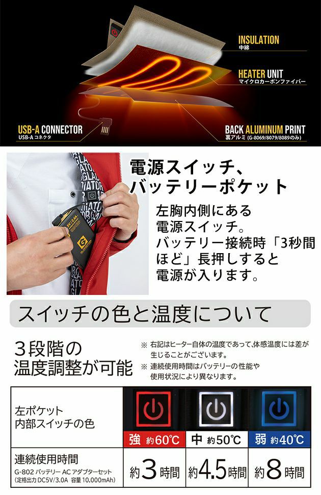 4L～5L CO-COS コーコス 作業着 電熱ベスト グラディエーター ボルトヒートベスト G-8049