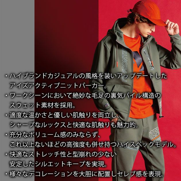 アイズフロンティア 8930・8933 秋冬作業服 作業着 P.D.ストレッチスウェットフルジップフーディー・ジョガーパンツ上下セット（ブラック） SS～4L